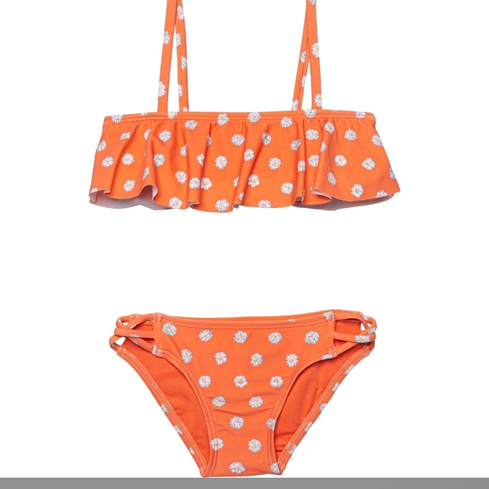 O'Neill Orange Floral Daisy Ruffle Big Girls Bikini Swim Set Size 14